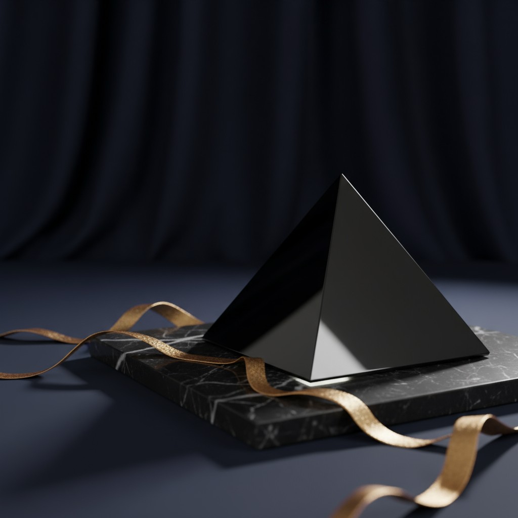 Black Pyramid with Golden Ribbon on Black Marble Setup