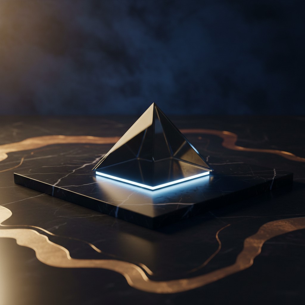 Die Abbildung zeigt ein schwarzglänzendes glattes Objekt mit einem hellen Strahllicht. Das Objekt scheint auf einem quadra...